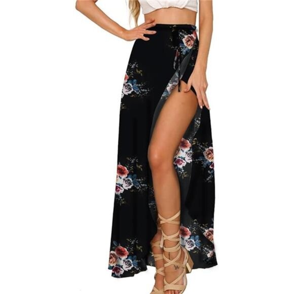Boho Black Floral Print Tie Waist Wrap Maxi Skirt Leg Slit Flowy Skirt Cover Up - Picture 3 of 9
